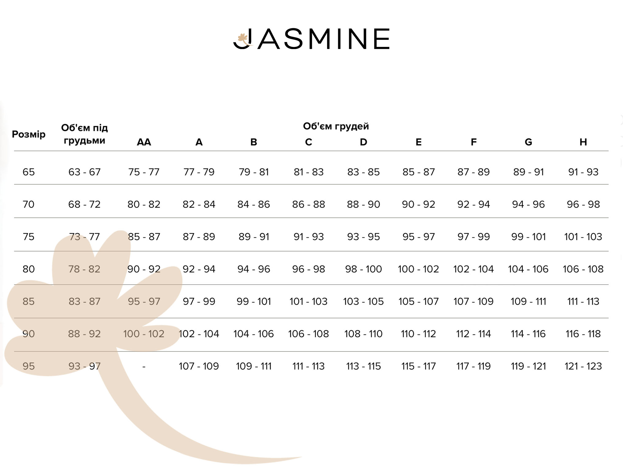 Таблиця розмірів бюстгальтерів Jasmine